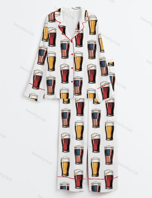 Red White And Brew 4th Of July Beer Long Sleeve Satin Pajama Set