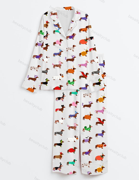 Halloween Dachshund Dog Lover Long Sleeve Satin Pajama Set