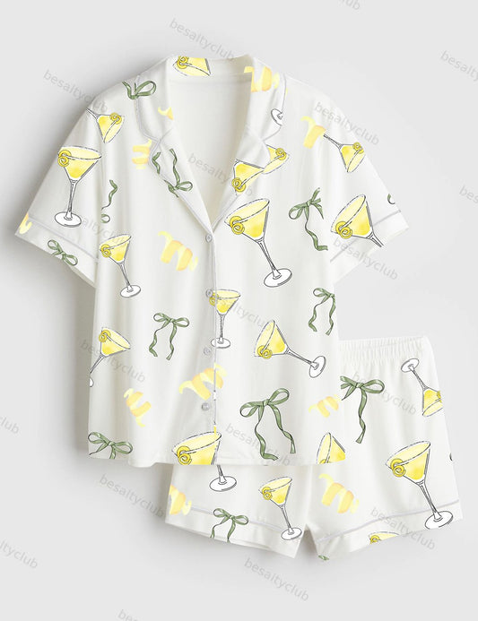 Coquette Bow Lemon Drop Martini Short Sleeve Satin Pajama Set