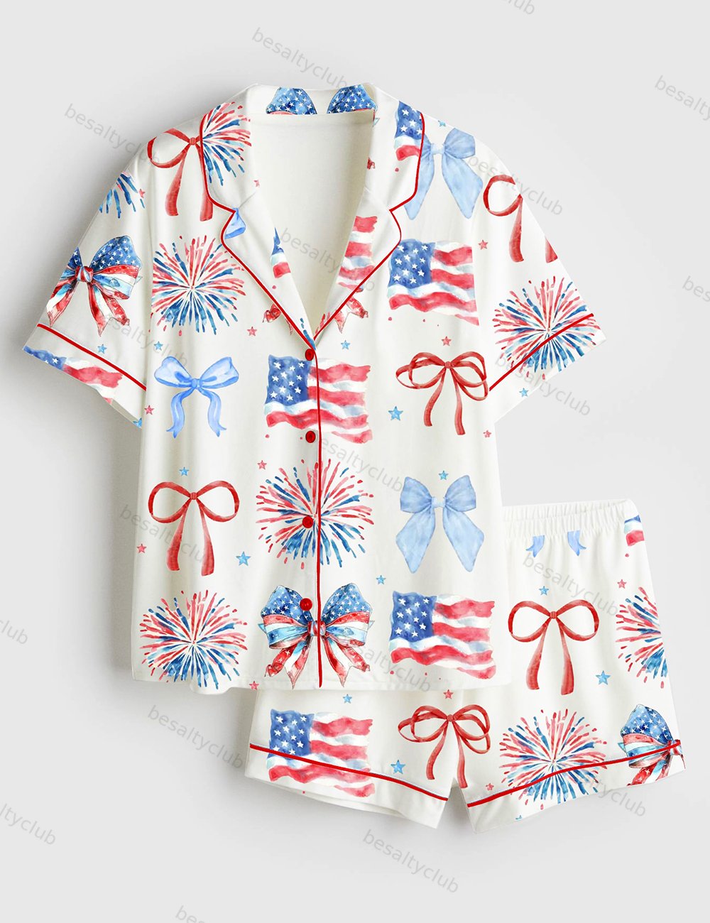 USA Coquette Bow Retro America 4th Of July Print Short Sleeve Satin Pajama Set