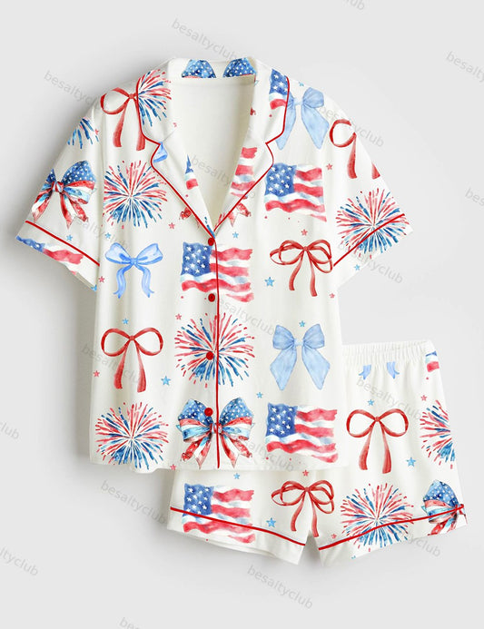 USA Coquette Bow Retro America 4th Of July Print Short Sleeve Satin Pajama Set