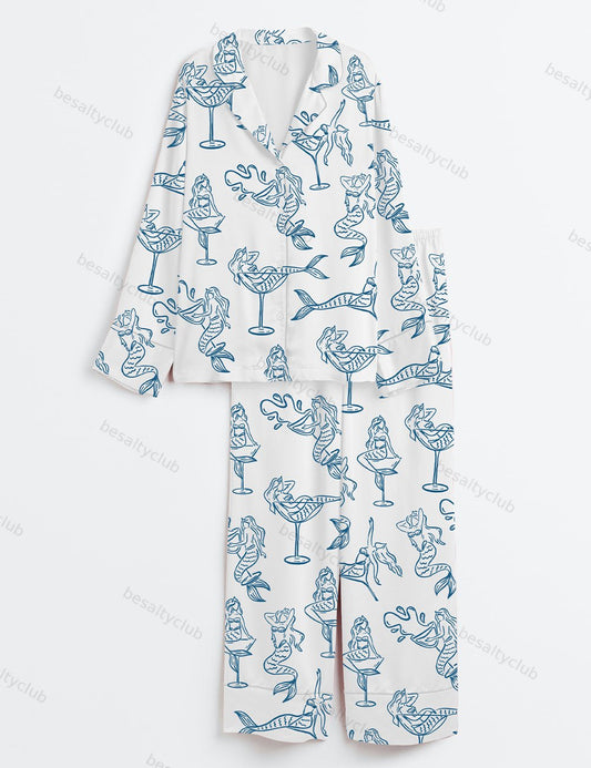 Hand Drawn Mairmaid In Martini Girl In Martini Glass For Bachelorette Whimsical Style Print Long Sleeve Satin Pajama Set