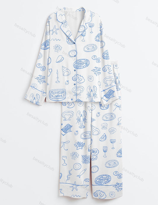 Coastal Blue Italian Summer Icons Dolce Vita Hand Drawn Whimsical  Wedding Art Print Long Sleeve Satin Pajama Set