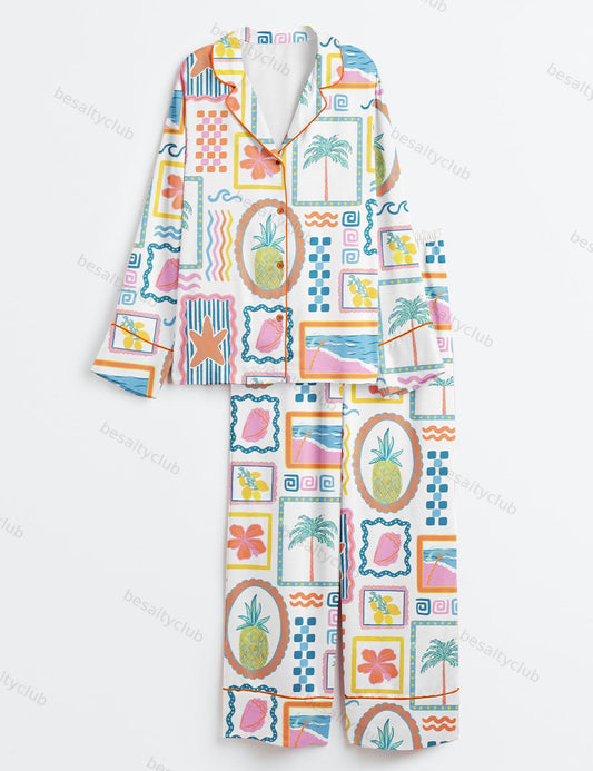 Trendy Beach Patchwork Summer Seashells Girly Summer Print Long Sleeve Satin Pajama Set