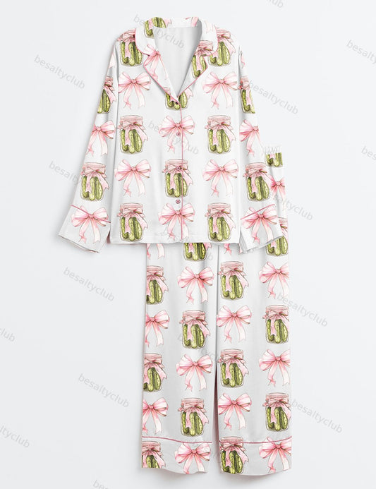 Coquette Pickle Pink Pickle Lover Social Club Long Sleeve Satin Pajama Set