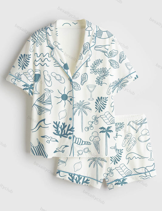 Hand Drawn Summer Beach Ocean Coastal Summer Nautical Print Short Sleeve Satin Pajama Set