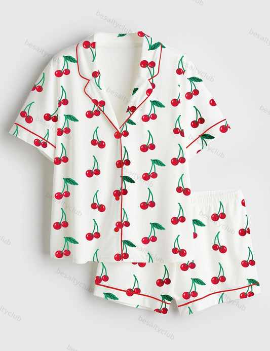 Cherry Cute Print Short Sleeve Satin Pajama Set