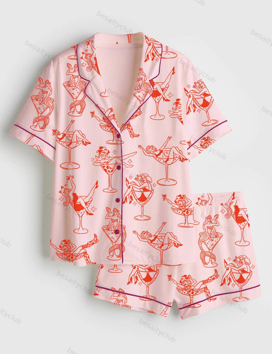 Cowgirl Girl Woman In Martini Glass Mermaid Catgirl In Glass Short Sleeve Satin Pajama Set
