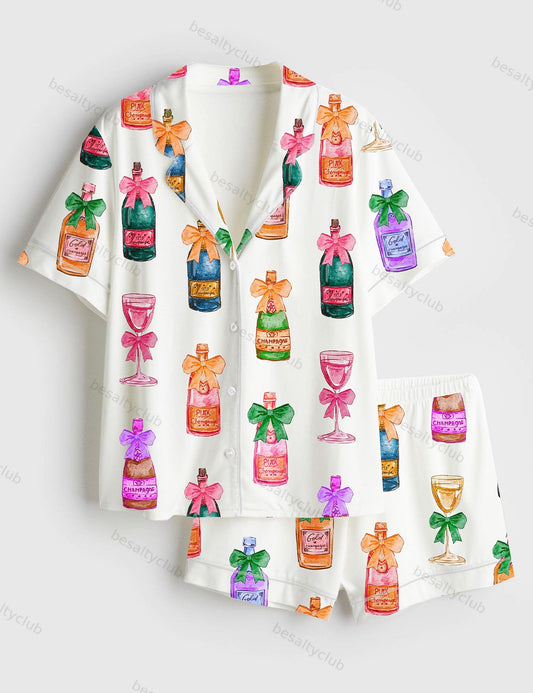 Colorful Coquette Champagne Wedding Drinks Short Sleeve Satin Pajama Set