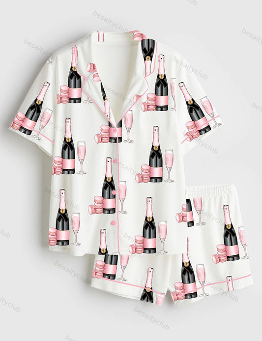 Pink Champagne Glass Dessert Short Sleeve Satin Pajama Set