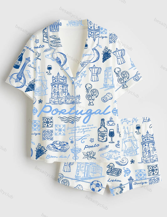 Portugal Whimsical Style Illustration Short Sleeve Satin Pajama Set