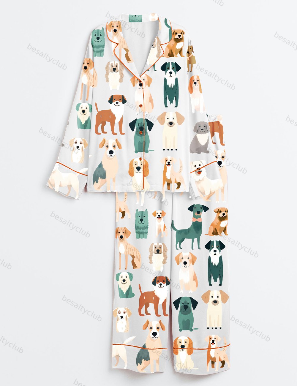 Cute Dog Clipart Long Sleeve Satin Pajama Set