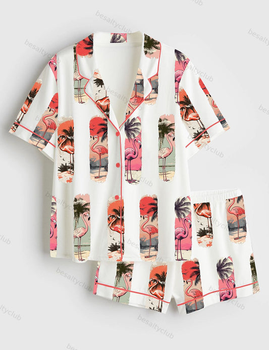 Flamingo Summer Vintage Pink Summer Flamingo Print Short Sleeve Satin Pajama Set