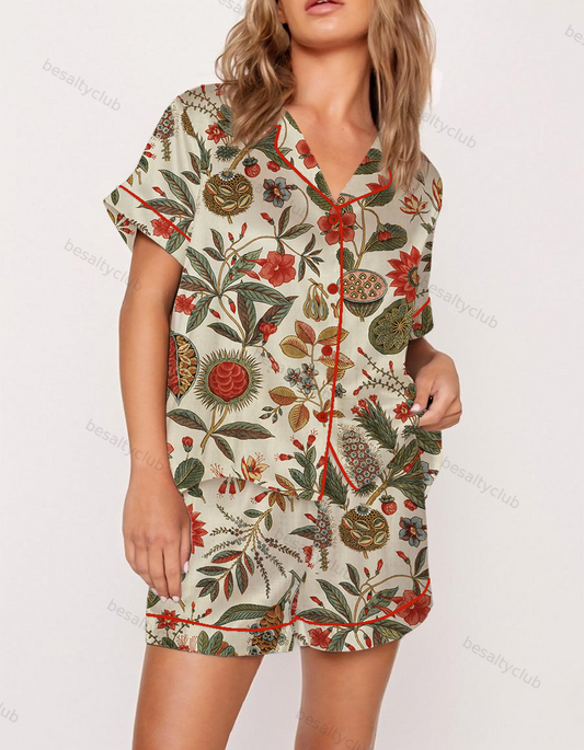 Vintage Botanical Satin Pajama Set