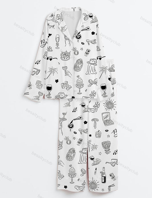 Hand Drawn Bachelorette Doodle Whimsical Handdrawn Girls Night Bach Party Long Sleeve Satin Pajama Set