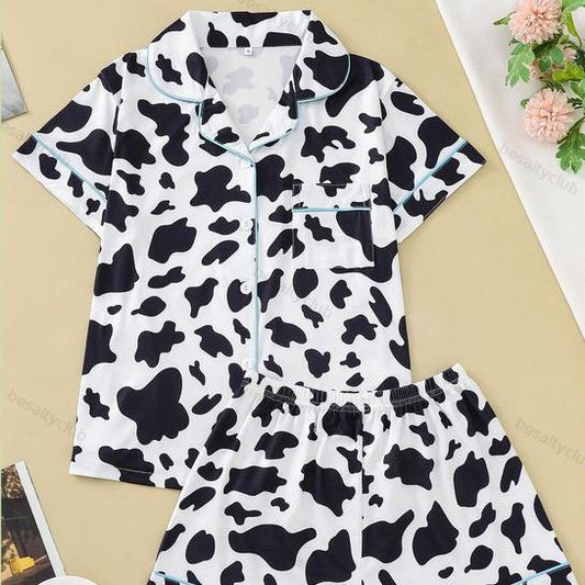 Cow Print Contrast Binding Satin Pajama Set