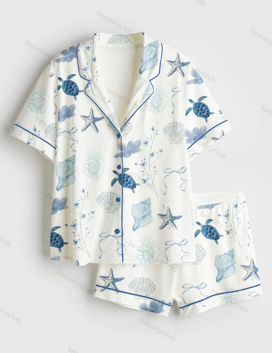 Summer Beach Ocean Coastal Summer Nautical Turtle Conch Bow Short Sleeve Satin Pajama Set
