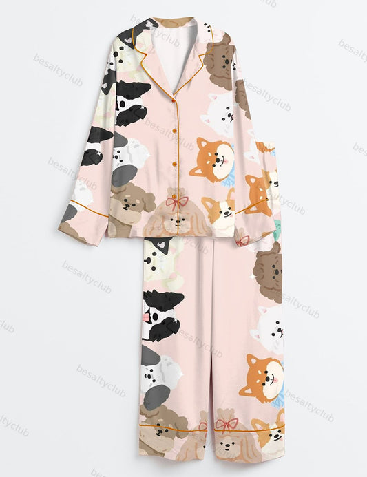 Happy Dog Cute Dog Long Sleeve Satin Pajama Set