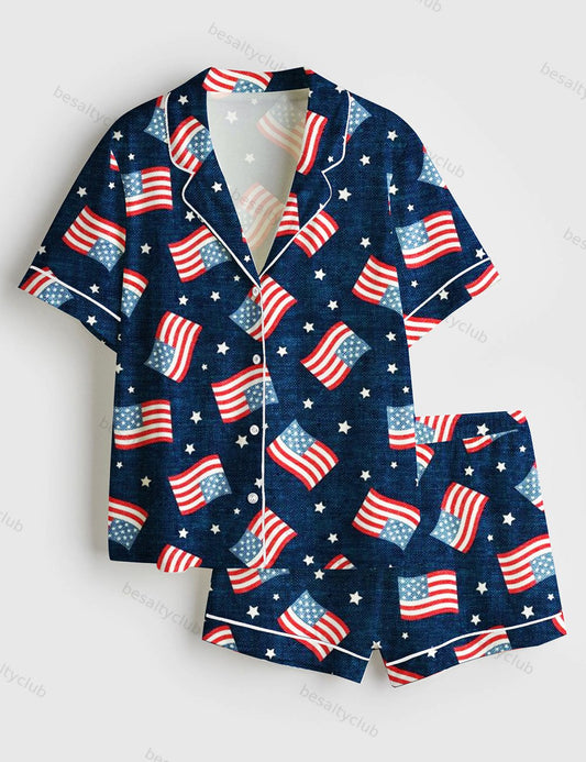 Fourth Of July Red White Blue USA Flag America Stars And Flags Short Sleeve Satin Pajama Set