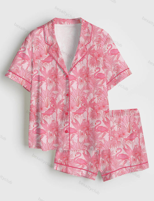 Summer Pink Flamingo Short Sleeve Satin Pajama Set
