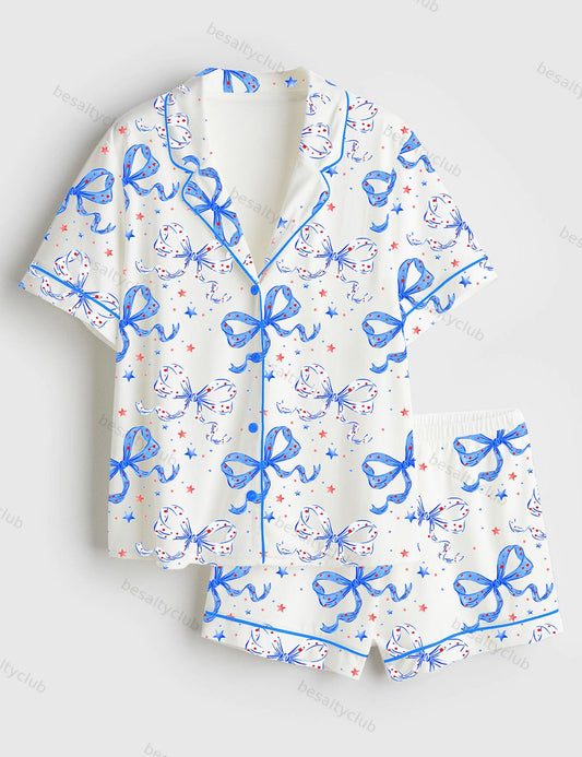 Coquette Bow Cute 4th Of July Red White Blue Short Sleeve Satin Pajama Set