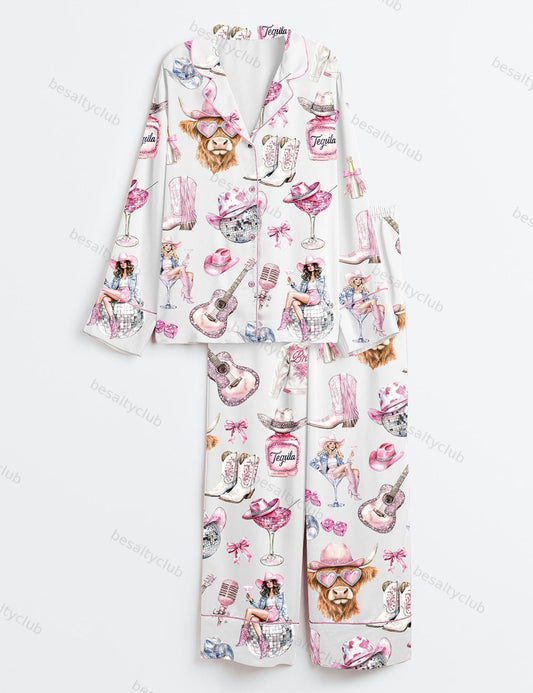 Western Cowgirl Highland Cow Long Sleeve Satin Pajama Set
