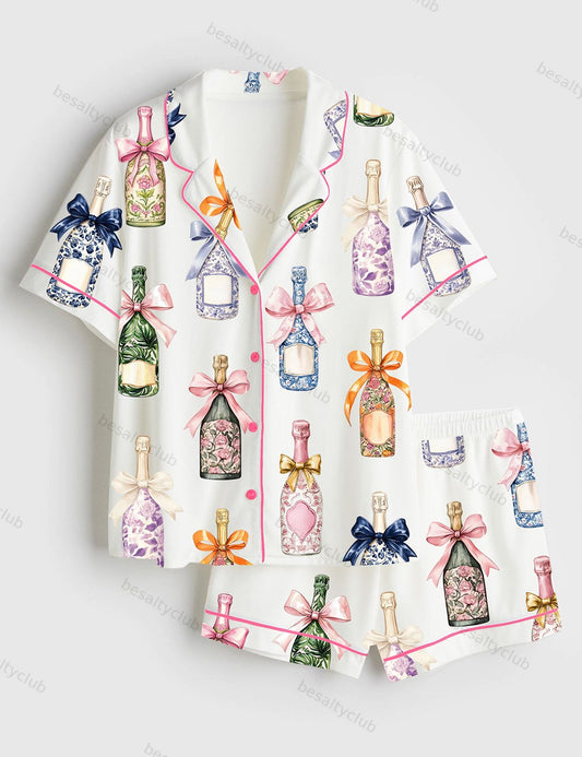 Champagne And Bows Wedding Short Sleeve Satin Pajama Set