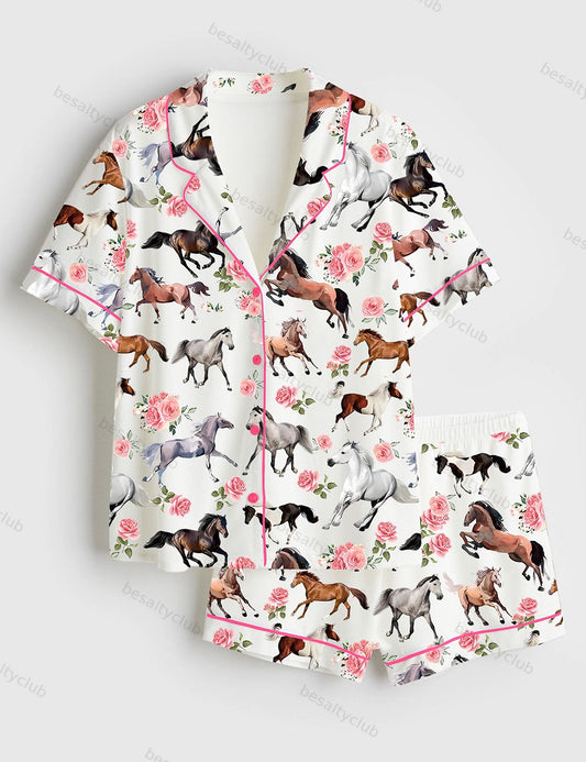 Western Kentucky Derby 151st Run For The Roses Horse Racing Lover Print Short Sleeve Satin Pajama Set