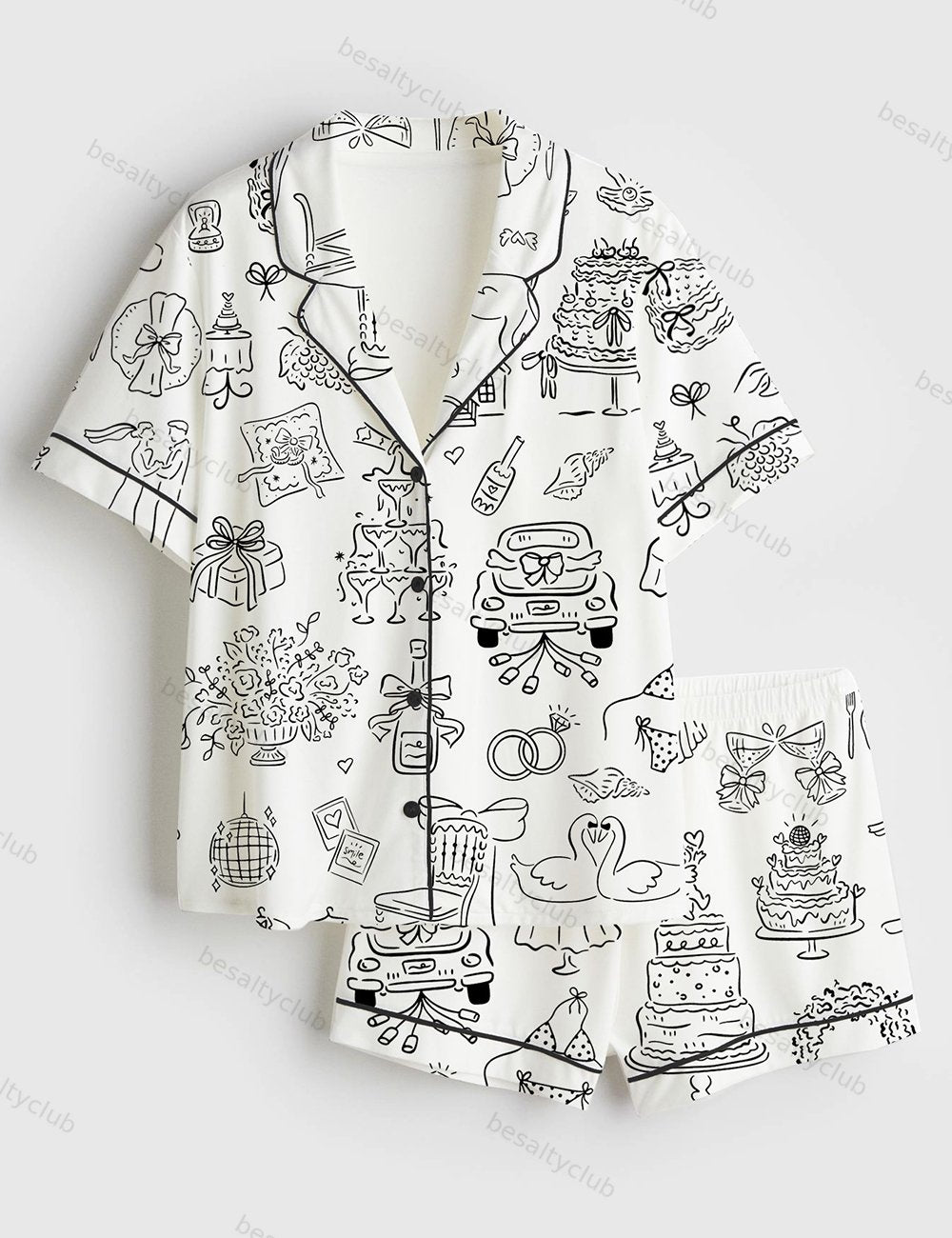 Hand Drawn Whimsical Wedding Illustrations Short Sleeve Satin Pajama Set