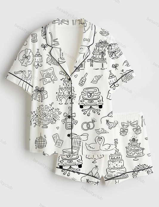 Hand Drawn Whimsical Wedding Illustrations Short Sleeve Satin Pajama Set