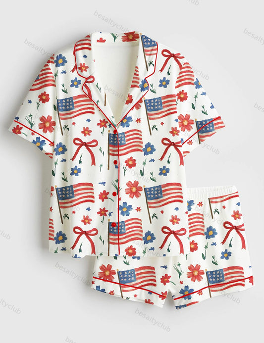 American Flag Coquette Bow 4th Of July USA Patriotic Print Short Sleeve Satin Pajama Set