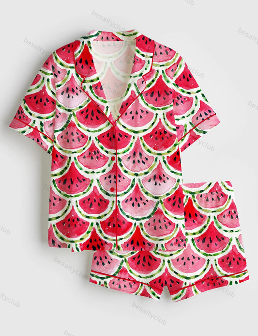 Watermelon Mermaid Short Sleeve Satin Pajama Set