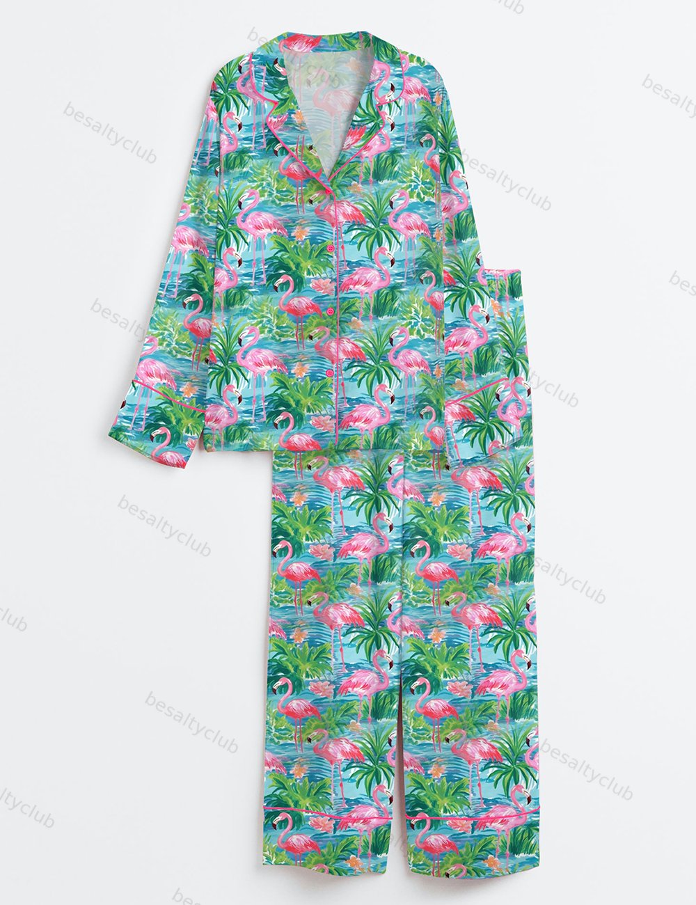 Flamingo Fling Summer Beach Plant Long Sleeve Satin Pajama Set