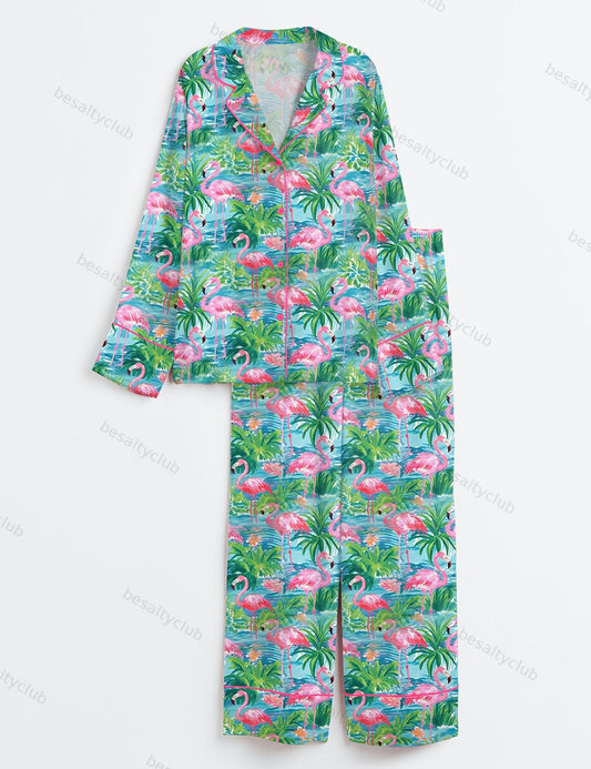 Flamingo Fling Summer Beach Plant Long Sleeve Satin Pajama Set
