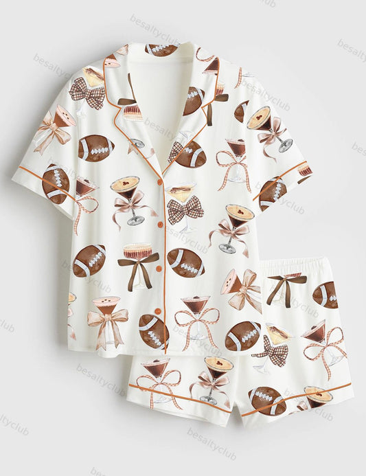 Coquette Espresso Martini Lover Football Mom Short Sleeve Satin Pajama Set
