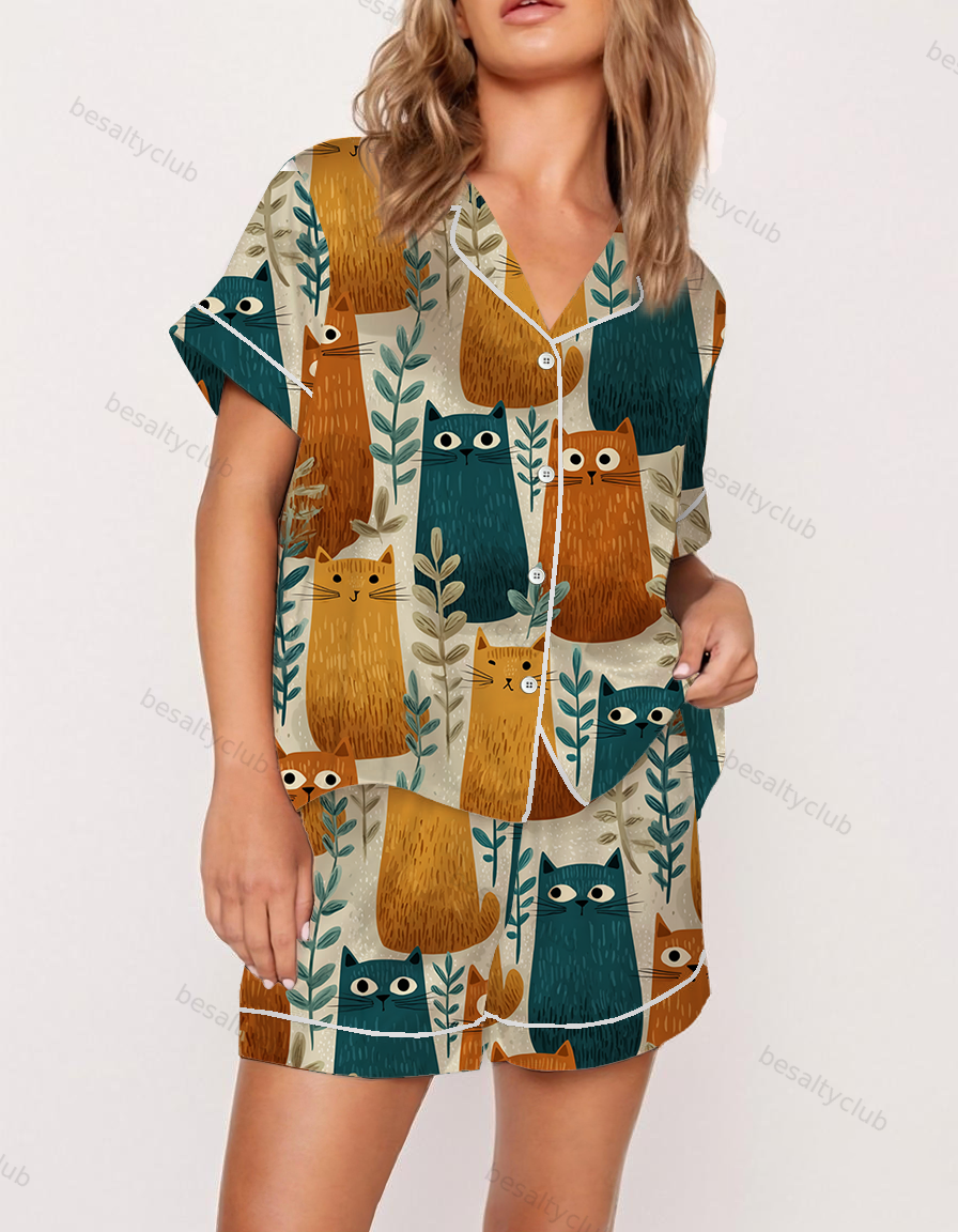 Playful Cartoon Cats Satin Pajama Set