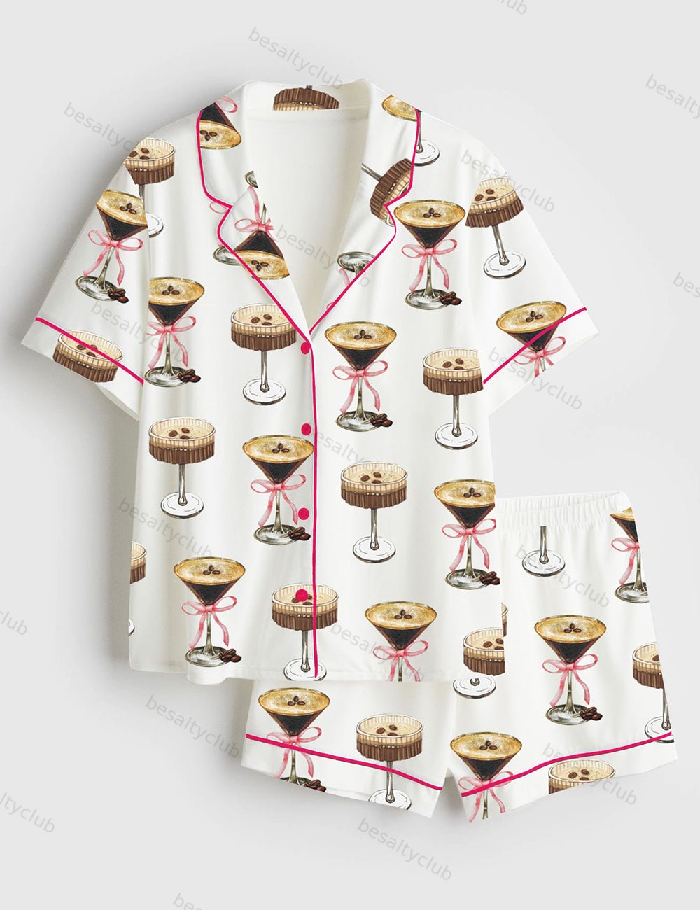 Espresso Martini Pink Bow Short Sleeve Satin Pajama Set