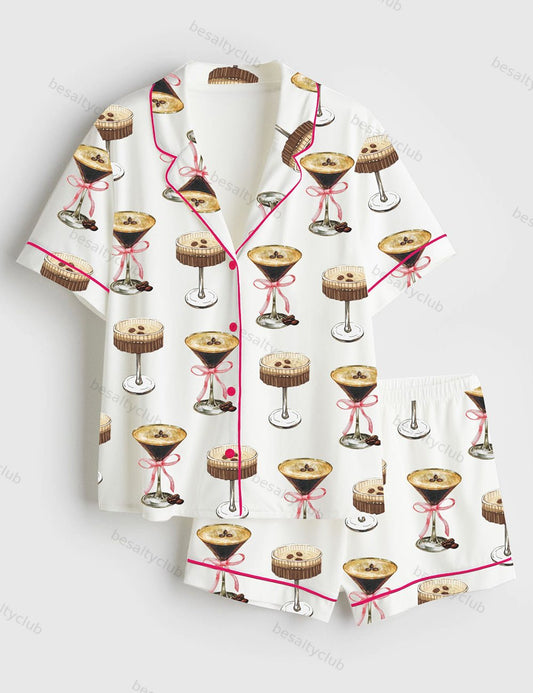 Espresso Martini Pink Bow Short Sleeve Satin Pajama Set