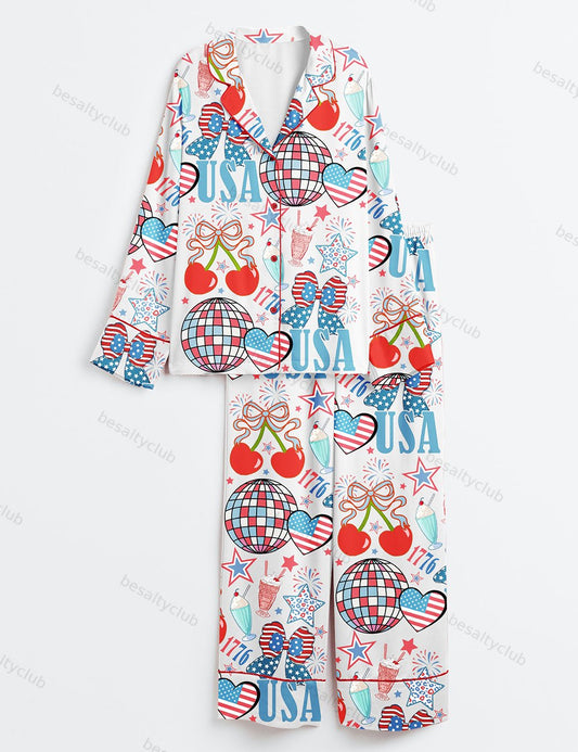 4th Of July 1776 Patriotic Cherry Bow America Coquette Wine Long Sleeve Satin Pajama Set