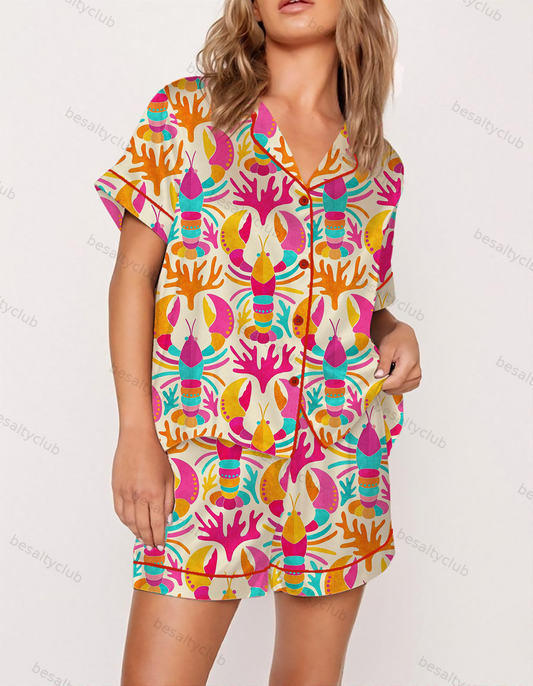 Tropical Lobster and Coral Satin Pajama Set
