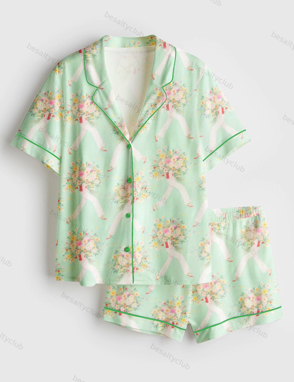 Slim Lady Holding A Big Bouquet Of Colorful Flowers Short Sleeve Satin Pajama Set