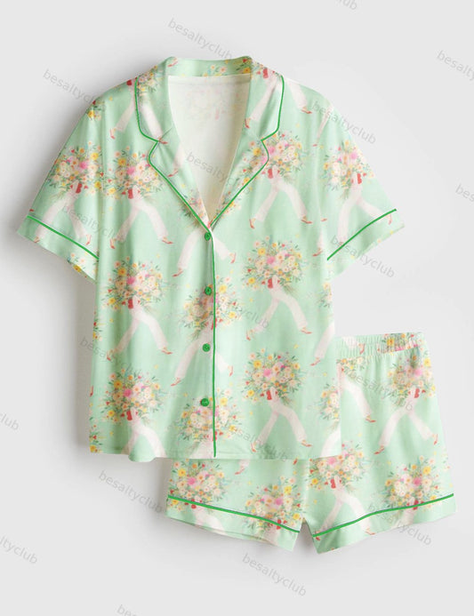 Slim Lady Holding A Big Bouquet Of Colorful Flowers Short Sleeve Satin Pajama Set