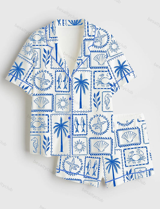 La Dolce Vita Summer Beach Europe Vintage Vibes Print Short Sleeve Satin Pajama Set