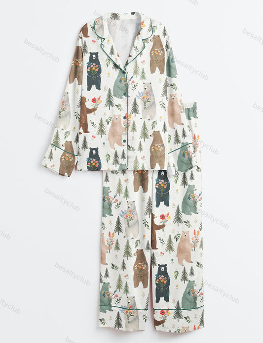 Bears Floral Pattern Long Sleeve Satin Pajama Set