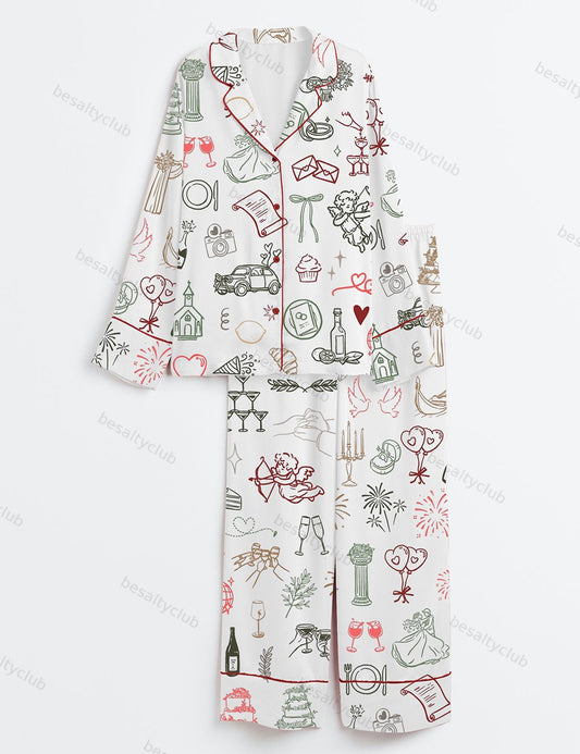 Hand-Drawn Wedding Icons Long Sleeve Satin Pajama Set