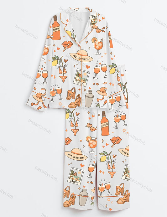 Spritz Girl Summer Aperol Bottle Cocktail Glass Heels Bikini Summer Beach Long Sleeve Satin Pajama Set