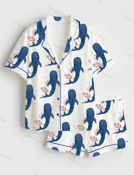 Whale Ocean Coconut Girl Jesus Beach Short Sleeve Satin Pajama Set