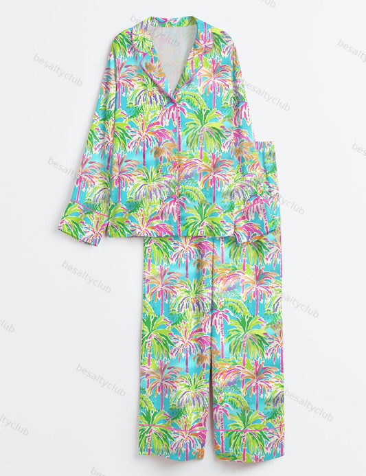 Preppy Palm Tree Tropical Bright Island Beach Long Sleeve Satin Pajama Set