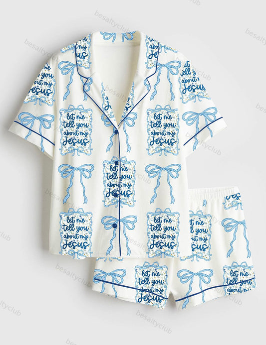 Let Me Tell You About My Jesus Wildflower Boho Bible Verse Blue Bow Short Sleeve Satin Pajama Set