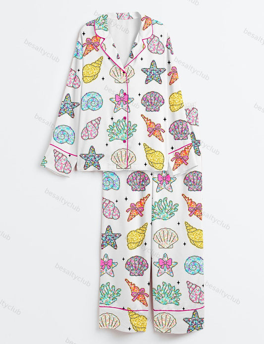 Wildflower Seashell Clam Summer Vibes Floral Summer Print Long Sleeve Satin Pajama Set